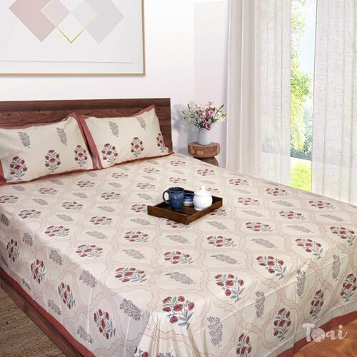 Toaiart Hand Block Print Bedsheet | Long Staple Premium Cotton | 300Tc| Luxury Sheet| Double Bed Size 90&quotX108" | Includes 2 Pillow Covers 18" X 28" | Rust Grey Jaal On Beige
