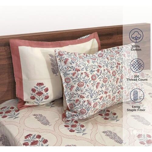 Toaiart Hand Block Print Bedsheet | Long Staple Premium Cotton | 300Tc| Luxury Sheet| Double Bed Size 90&quotX108" | Includes 2 Pillow Covers 18" X 28" | Rust Grey Jaal On Beige