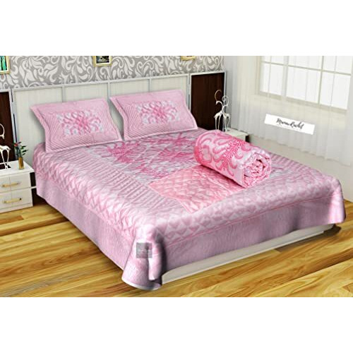 Manavrachit Satin Gold Printed Wedding Bedding/Bedsheet Set For Home & Living Room, King Size, 310 Tc, Pink Vip - Set Of 4 Pieces