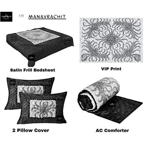 Manavrachit Satin Gold Printed Wedding Bedding/Bedsheet Set For Home & Living Room, King Size, 310 Tc, Pink Vip - Set Of 4 Pieces