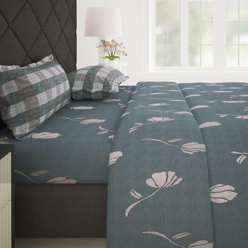 Story@Home | Bedsheet | Fitted Bedsheet For Double Bed,186 Tc, Grey, Floral, 100% Cotton Elastic Fitted Bedsheets King Size (198 X 182Cm) & 2 Pillow Covers (46 X 69Cm). Perfect For Festive Gifting