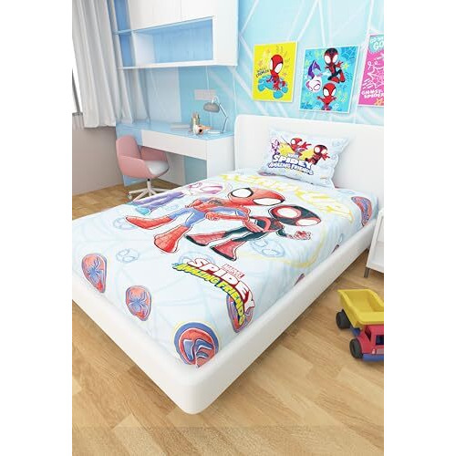 Athom Living Marvel Spidey Cotton Single Bed Sheet For Kids - Multicoloured (147 X 223 Cm)