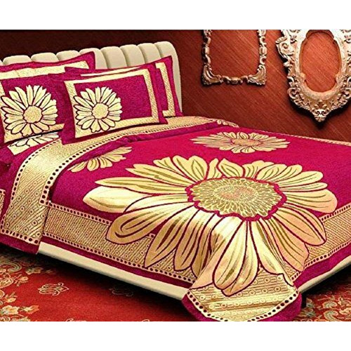 Fresh From Loom Chenille Velvet Floral 500 Tc Heavy Bedsheet For Double Bed King Size - 90 X 100 Inch Pink Color With 2 Pillow Covers