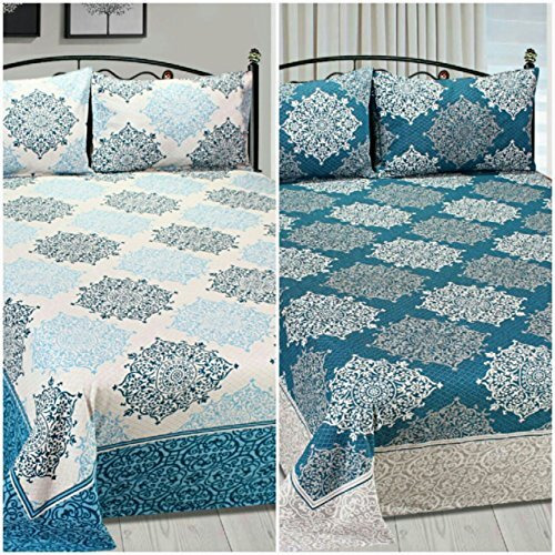 Fresh From Loom Cotton 300 Tc Reversible 1Pc Double Bed Bedsheet With 2 Pillow Cover (Aqua Blue_Double Bed)