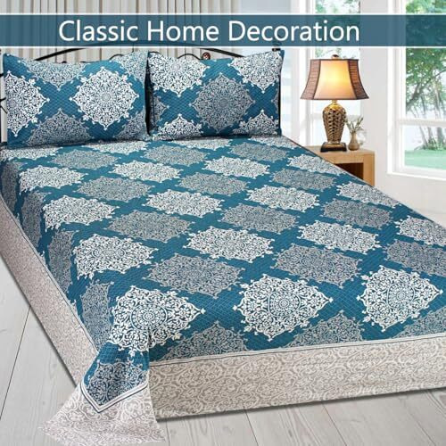 Fresh From Loom Cotton 300 Tc Reversible 1Pc Double Bed Bedsheet With 2 Pillow Cover (Aqua Blue_Double Bed)