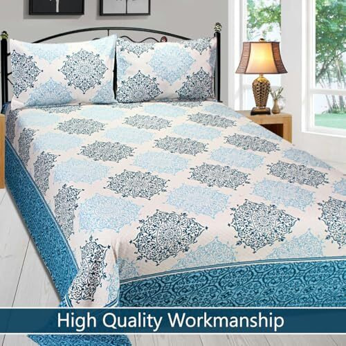 Fresh From Loom Cotton 300 Tc Reversible 1Pc Double Bed Bedsheet With 2 Pillow Cover (Aqua Blue_Double Bed)