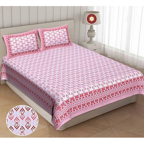 Tamasvini Cotton 144 Tc 1 Bedsheet With 2 Pillow Covers Sanganeri Jaipuri Print (Size 90 Inches X 108 Inches) Hand Print Standard King Size Bedsheet For Home And Living Room (Red Geometric)