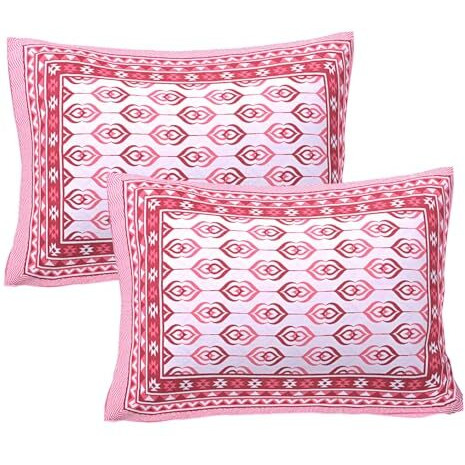Tamasvini Cotton 144 Tc 1 Bedsheet With 2 Pillow Covers Sanganeri Jaipuri Print (Size 90 Inches X 108 Inches) Hand Print Standard King Size Bedsheet For Home And Living Room (Red Geometric)