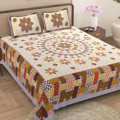 Jaipur Weaves Bedsheet King Size 100% Pure Cotton Bed Sheet With 2 Pillow Covers, Super Soft Cozy Bedsheets Set,108X108 Inches/ 9Ftx9Ft (Floral Mandala Orange, Super King)