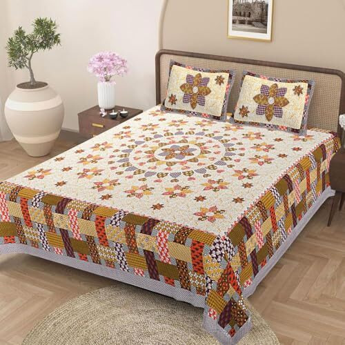 Jaipur Weaves Bedsheet King Size 100% Pure Cotton Bed Sheet With 2 Pillow Covers, Super Soft Cozy Bedsheets Set,108X108 Inches/ 9Ftx9Ft (Floral Mandala Orange, Super King)