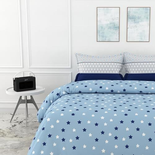 Loreto - A Quality Linen Brand 100% Cotton King Size Bedsheet With 2 Pillow Covers - Nile Blue Stars, Soft & Breathable 144 Tc Fabric, Perfect For King Beds