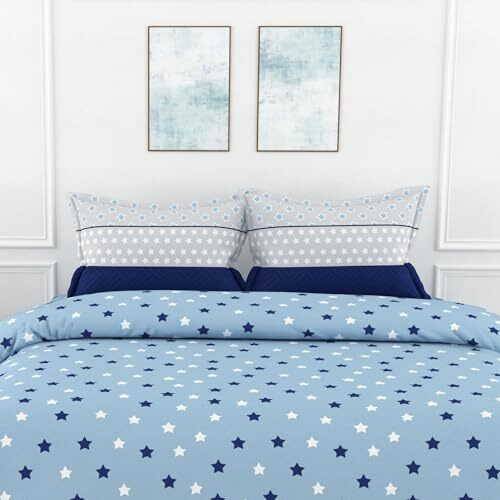 Loreto - A Quality Linen Brand 100% Cotton King Size Bedsheet With 2 Pillow Covers - Nile Blue Stars, Soft & Breathable 144 Tc Fabric, Perfect For King Beds