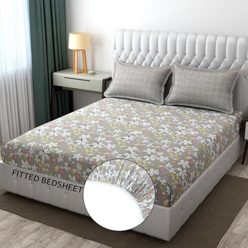 Tindler Knots Luxurious Glace Cotton Super Soft 300 Tc 360 Elastic Fitted Bedsheet King Size (78X72X12 Inch) With 2 Pillow Covers (18 X 28) | Steel Grey