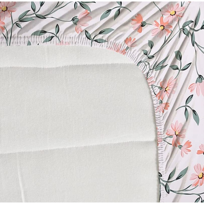 Tarain Collection Cotton Elastic Fitted Bedsheets With 2 King Size Pillow Covers | Double Bed With All Around Elastic 180 Tc Supersoft | Size - 78" X 72" Inches | Floral Light Green Pink
