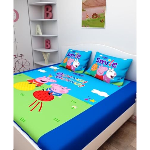 Athom Living Peppa Pig Digital Printed Cotton Kids Double Bedsheet 270X270 Cm With 2 Pillow Cover
