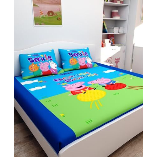 Athom Living Peppa Pig Digital Printed Cotton Kids Double Bedsheet 270X270 Cm With 2 Pillow Cover
