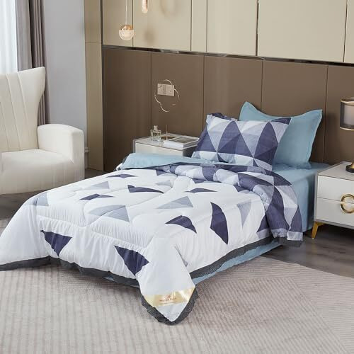Maple&Finch Super Soft Ac Comforter/Duvet/Bedding Set For Single Bed With 1 Flat Bedsheet And 1 Pillow Cover, 220 Gsm, Yale Blue Geometric Triangle (Ar4910-12-D6)