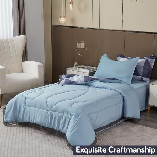Maple&Finch Super Soft Ac Comforter/Duvet/Bedding Set For Single Bed With 1 Flat Bedsheet And 1 Pillow Cover, 220 Gsm, Yale Blue Geometric Triangle (Ar4910-12-D6)