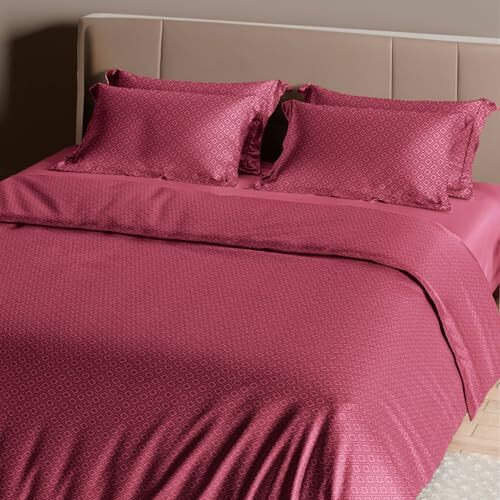 Sassoon Artemis Italian Jacquard Weave Sateen Cotton Bedsheet  400 Tc, Cotton, Icey Design, King Size (108 X 108 Inches), Color Rosewood, Soft, Breathable,  1 Bedsheet + 2 Pillow Covers