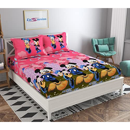 Engunias Offered Kids Micky Mouse Cartoon Collection 188Tc 3D Celebration Polycotton Animal Prints Double Bedsheets With 2 Matching Pillow Covers Sheet (Queen, Pink Design)