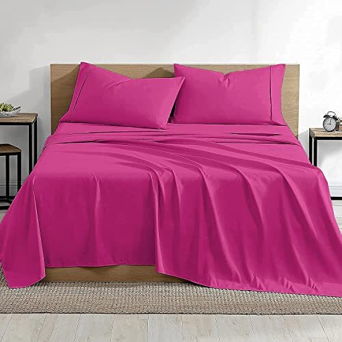 Atk-8 Bedding Hot Pink Bedsheet 500 Tc Egyptian Cotton Bedsheet For Full Bed Soild Color Flat Sheet With 2 Pillow Covers 3Piece (81 X 96) Full Size Bedsheet (17X27) Inches Pillow Case