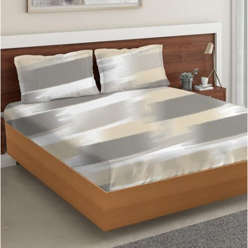 Trance Home Linen Skin Friendly 100% Cotton Printed Flat Bedsheet For Queen Size Bed With 2 Pillow Cover - Premium 180Tc (86 X 104 Inches, Fairy Lines)