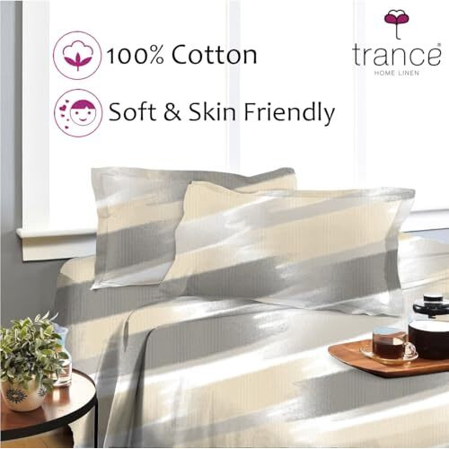 Trance Home Linen Skin Friendly 100% Cotton Printed Flat Bedsheet For Queen Size Bed With 2 Pillow Cover - Premium 180Tc (86 X 104 Inches, Fairy Lines)