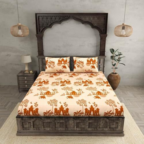 Akshya 210Tc Cotton King Size Jaipuri Rjasathani Print Elastic Fitted Bedsheet With 2 Pillow Covers (Fits Upto10 Mattress)