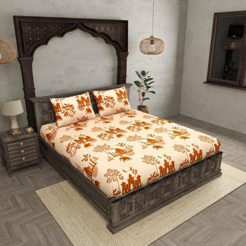 Akshya 210Tc Cotton King Size Jaipuri Rjasathani Print Elastic Fitted Bedsheet With 2 Pillow Covers (Fits Upto10 Mattress)