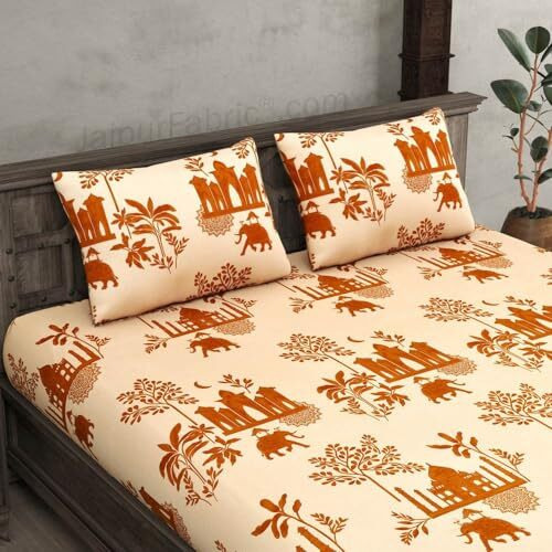 Akshya 210Tc Cotton King Size Jaipuri Rjasathani Print Elastic Fitted Bedsheet With 2 Pillow Covers (Fits Upto10 Mattress)