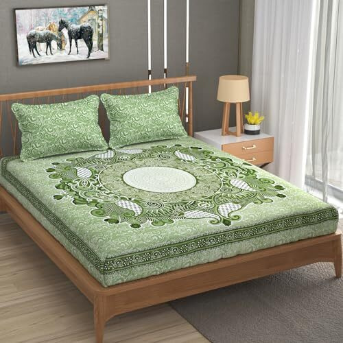 Realdream Premium Comfort 1 Fitted Bedsheet With 2 Pillow Covers For Double Bed With All Around Elastic 280 Tc Supersoft | Soft-Touch Skin Friendly And G (Green)