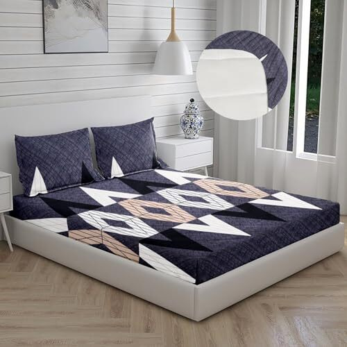 Bhavya 3 Piece King Size Bed Sheet With Elastic Fitted For Double Bed With 2 Pillow Cover | Perfectly Fits Bed Sheet For Bedroom | Bedsheet 200 Threadcount (Greywhiteblack)