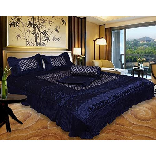 Manavrachit Jaipuri Sanganeri Satin Gold Printed Designer Bedding Set (Set Of 4 Pcs) [1 Double Bed Bedsheet || 2 Pillow Cover ||1 Double Bed Ac Comforter] Designer Butti (Blue)