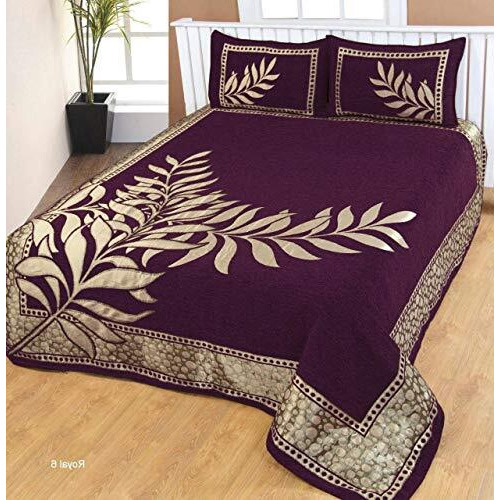 Fresh From Loom Chenille Velvet Floral 500 Tc Heavy Bedsheet For Double Bed King Size - 90 X 100 Inch Purple Color With 2 Pillow Covers