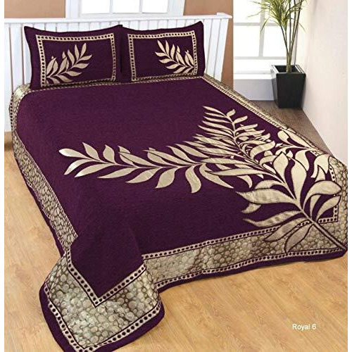 Fresh From Loom Chenille Velvet Floral 500 Tc Heavy Bedsheet For Double Bed King Size - 90 X 100 Inch Purple Color With 2 Pillow Covers