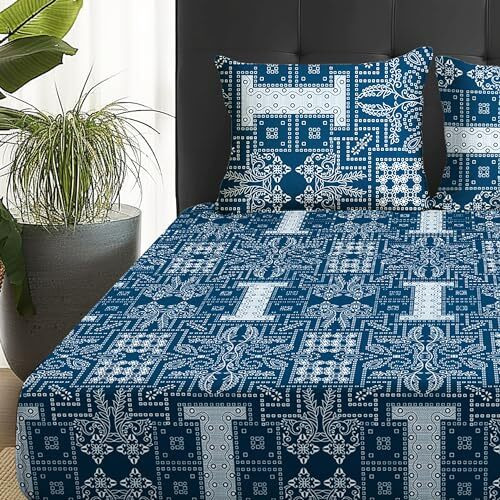 Story@Home Bedsheet For Double Bed With 2 Pillow Covers| Microfiber Bedsheet | Soft & Light-Weight | Bedsheets For Double Bed | 225X250Cm | 180Tc | Blue | Motif | Perfect For Festive Gifting