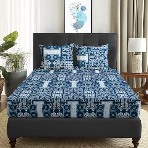 Story@Home Bedsheet For Double Bed With 2 Pillow Covers| Microfiber Bedsheet | Soft & Light-Weight | Bedsheets For Double Bed | 225X250Cm | 180Tc | Blue | Motif | Perfect For Festive Gifting