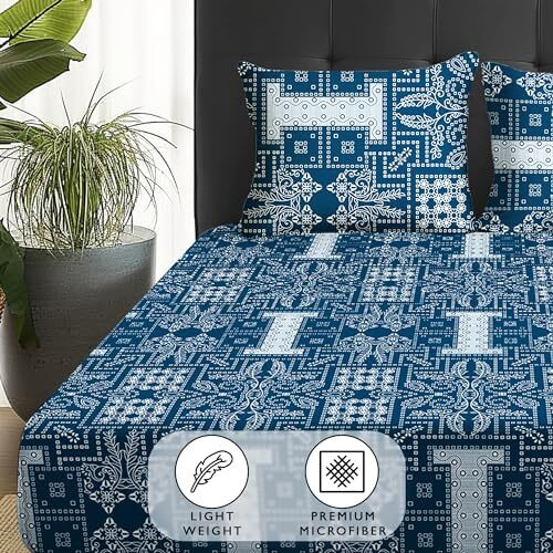 Story@Home Bedsheet For Double Bed With 2 Pillow Covers| Microfiber Bedsheet | Soft & Light-Weight | Bedsheets For Double Bed | 225X250Cm | 180Tc | Blue | Motif | Perfect For Festive Gifting