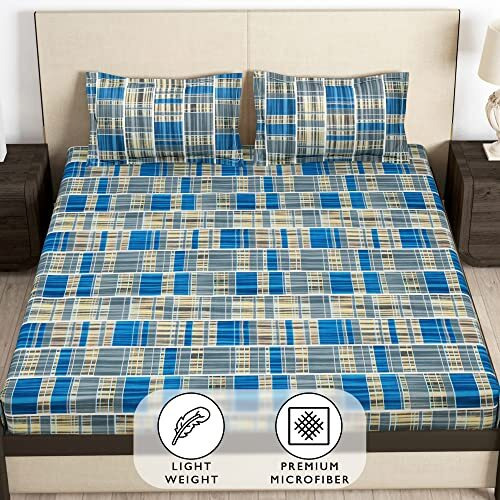 Story@Home Bedsheet For Double Bed | Microfiber | Abstract | Elastic Fitted Bedsheets King Size With 2 Pillow Covers (182X198 Cm, Blue), Double Bed Sheet | Bedsheet King Size Bed | Perfect For Gifting