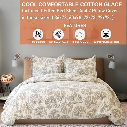 Eleganta Cotton Feel Elastic Fitted Bedsheets Queen Bed With 2 Pillow Covers |350 Threadcount| Queen Size Double Bed Bedsheet Fits Upto 8 Inches Mattress Height,(Size-60X78 Inches),(Creamy Dandelion)