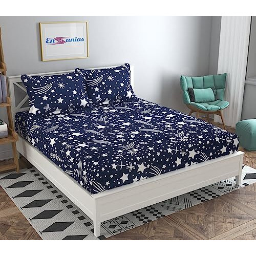 Engunias 220Tc King Collection 3D Polycotton Bedsheet For Double Bed Size (90 X 90) Bedsheet With 2 Pillow Covers Dark Blue Star-Pattern