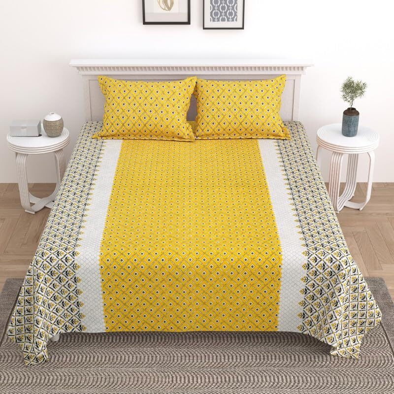 Kotts & Stitch Jaipuri Phool-Patang Print Cotton Double Bedsheet | With 2 Pillow Covers | 90X108, Fast Colors, Traditional Jaipuri Print, No Shrinkage, 210 Tc | Yellow & Grey Colour