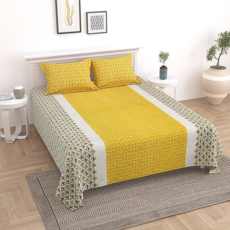 Kotts & Stitch Jaipuri Phool-Patang Print Cotton Double Bedsheet | With 2 Pillow Covers | 90X108, Fast Colors, Traditional Jaipuri Print, No Shrinkage, 210 Tc | Yellow & Grey Colour