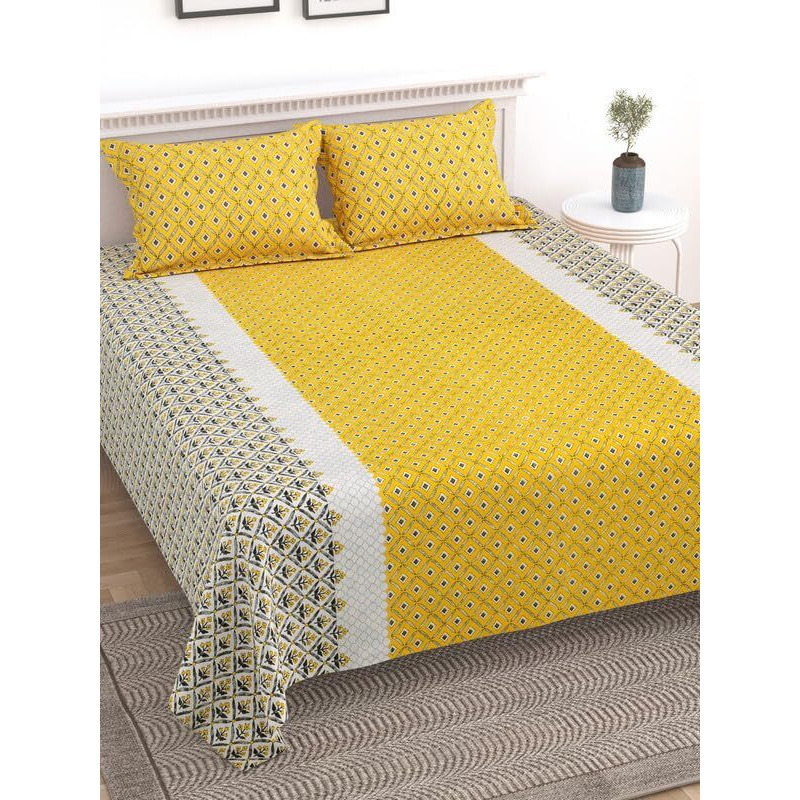 Kotts & Stitch Jaipuri Phool-Patang Print Cotton Double Bedsheet | With 2 Pillow Covers | 90X108, Fast Colors, Traditional Jaipuri Print, No Shrinkage, 210 Tc | Yellow & Grey Colour