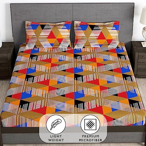 Story@Home Bedsheet Queen Size Bed | Microfiber | Abstract | Fitted Queen Size Bedsheet With 2 King Size Pillow Covers (182 X 152Cm, Multicolor) Fitted Bedsheets | Perfect For Home Decor