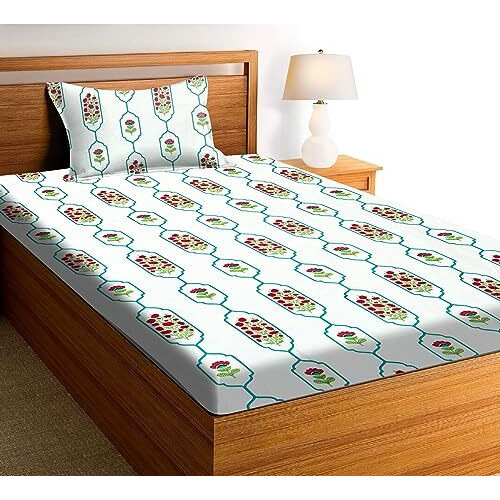 Amazon Brand - Umi Pure Cotton Jaipuri Hand Block Print Single Bedsheet With 1 Pillow Cover 154 Tc Premium Printed Flat Bed Sheet 60X90(Inches) (Single, RedCyan)