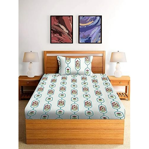 Amazon Brand - Umi Pure Cotton Jaipuri Hand Block Print Single Bedsheet With 1 Pillow Cover 154 Tc Premium Printed Flat Bed Sheet 60X90(Inches) (Single, RedCyan)