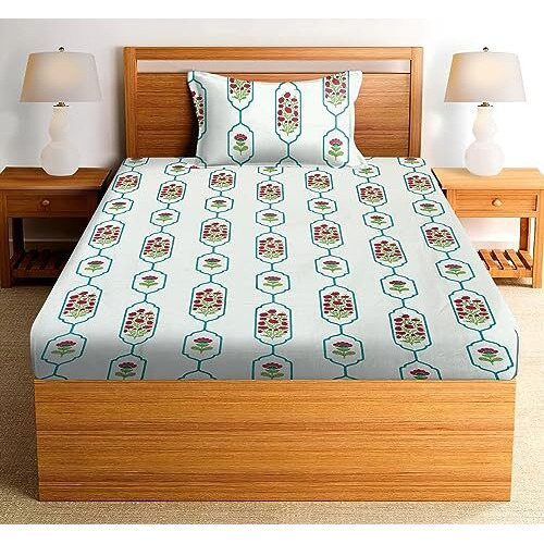 Amazon Brand - Umi Pure Cotton Jaipuri Hand Block Print Single Bedsheet With 1 Pillow Cover 154 Tc Premium Printed Flat Bed Sheet 60X90(Inches) (Single, RedCyan)