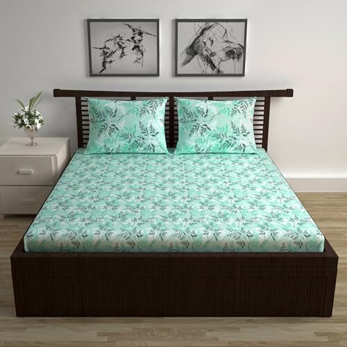 Divine Casa Double Size Bedsheet For Double Bed, 144 Tc Pure Cotton Queen Size With 2 Pillow Covers | 222 By 254 Cm | Floral | Blue Mints