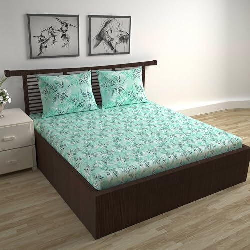 Divine Casa Double Size Bedsheet For Double Bed, 144 Tc Pure Cotton Queen Size With 2 Pillow Covers | 222 By 254 Cm | Floral | Blue Mints